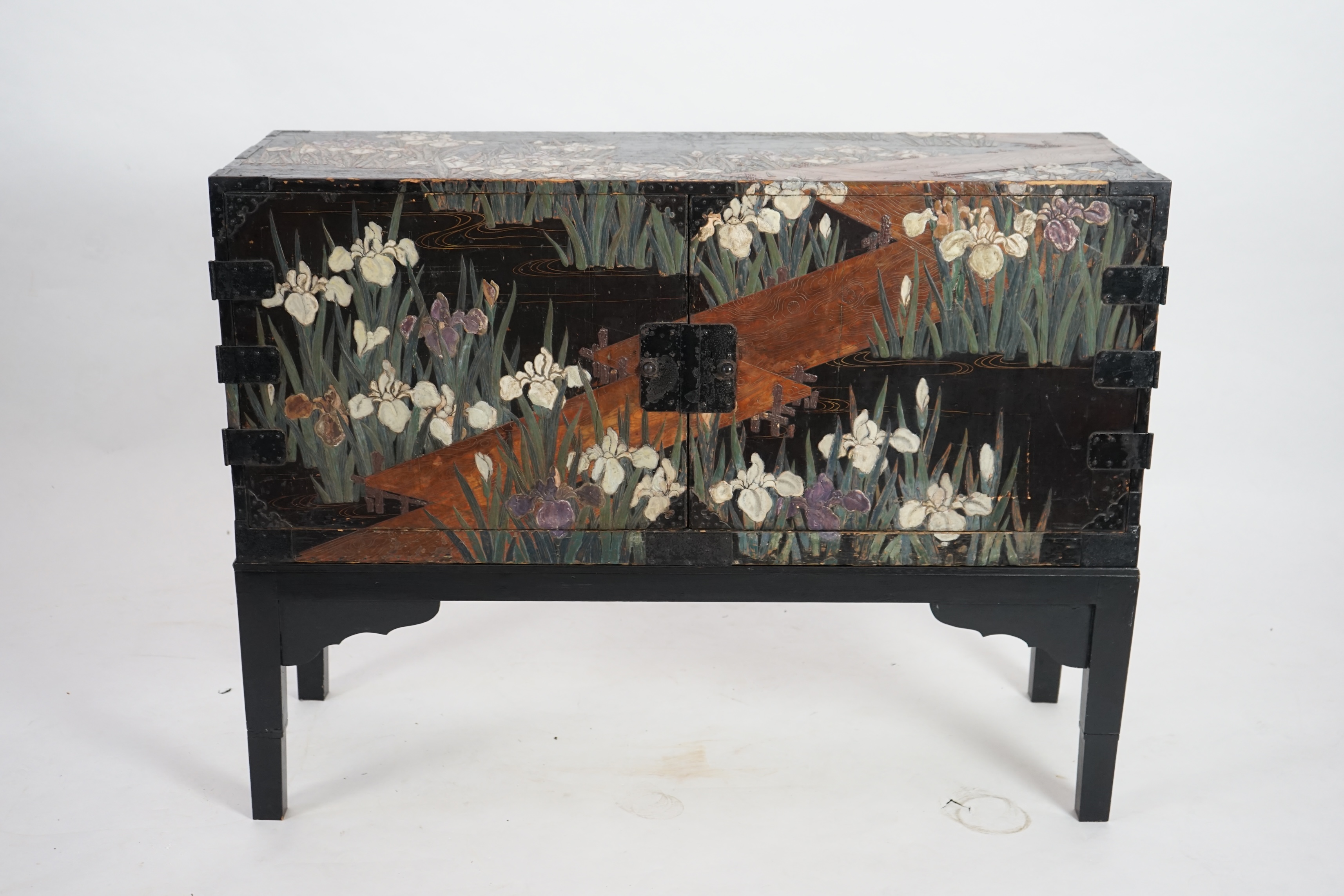 A Japanese ‘iris’ decorated travelling chest, Edo period, late 18th/early 19th century